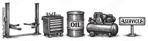 A black and white illustration depicts a collection of vintage garage equipment including a car lift, tool chest, oil barrel, air compressor, and service sign, ideal for retro automotive themes.