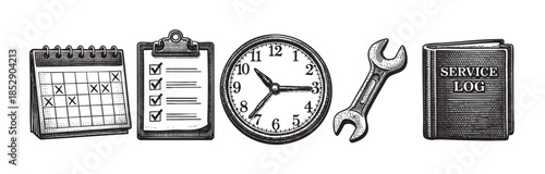 A vintage-style illustration features a calendar, clipboard with checkboxes, clock, wrench, and a service log book, representing organization and maintenance.