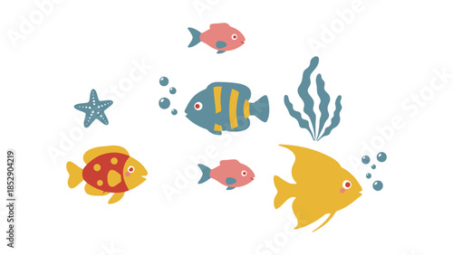 A school of colorful cartoon fish swim in the ocean with seaweed and bubbles.