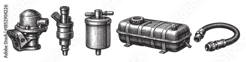 A black and white engraving style illustration featuring a collection of vintage automotive mechanical parts on a white background, suitable for retro design projects.
