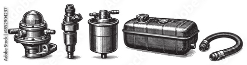 A detailed ink drawing features vintage automotive components like a fuel filter, fuel injector, and fuel tank arranged on a clean white background.
