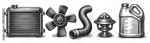 A collection of vintage car engine components including a radiator, fan, hose, thermostat, and fluid container, rendered in a classic woodcut engraving style on a white background.