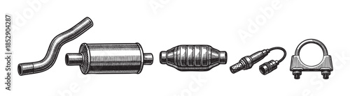 Black and white line art illustration featuring various automotive exhaust system components, including a flexible pipe, muffler, resonator, oxygen sensor, and clamp, on a white background.