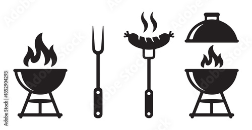 Barbecue bbq grill and cooking tools set of glyph icons vector illustration isolated