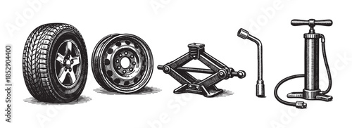 A detailed, woodcut-style illustration shows a car tire, spare wheel, jack, lug wrench, and tire pump arranged on a white background, evoking a sense of DIY car maintenance and preparedness.