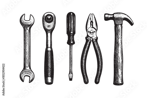A monochrome illustration features a collection of five classic hand tools, including a wrench, ratchet, screwdriver, pliers, and hammer, arranged against a white background.