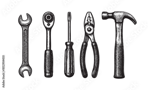 This is a black and white illustration of common hand tools, including a wrench, ratchet, screwdriver, pliers, and hammer, presented in a vintage sketch style on a white background.