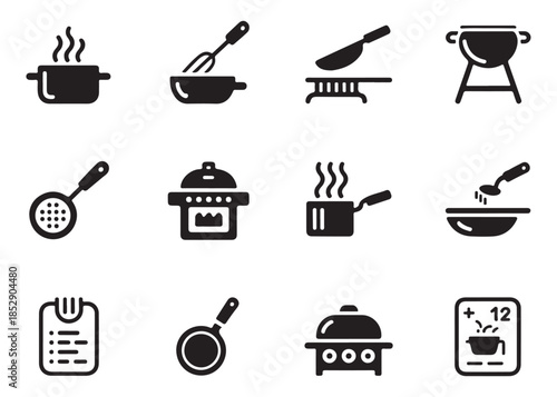 Kitchen and cooking tools icons set representing various culinary equipment and food preparation