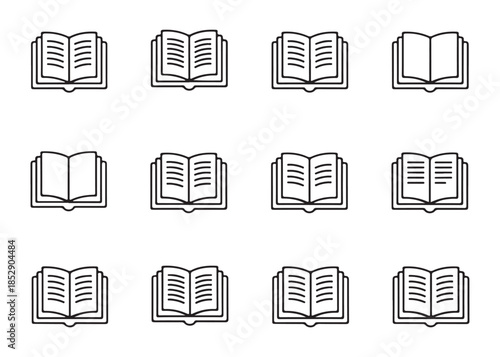 Open book line icons set showcasing various books with pages and covers in an outline style for educational purposes