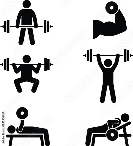 A collection of simple black and white icons illustrating various weightlifting exercises
