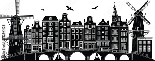 Dutch cityscape silhouette, black and white, windmills, canal bridge, traditional architecture, gabled roofs, boats, birds, bicycle, Netherlands skyline, urban sketch