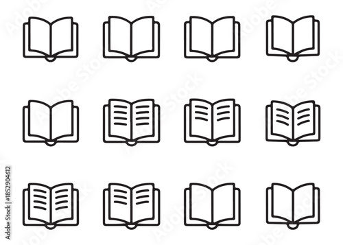 Line book icons collection displaying various open books some with text and others with blank pages for learning concept