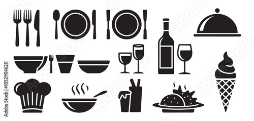 Set of dining and kitchen icons tableware cookware for meal service and preparation