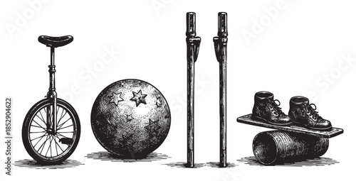 A vintage black and white illustration showcases circus performance equipment including a unicycle, a starred ball, juggling pins, and boots on a rolling log.