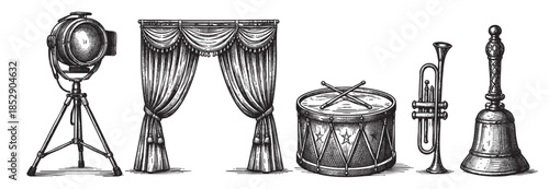 A collection of antique theatrical items including a spotlight, velvet curtains, snare drum with sticks, trumpet, and a bell, rendered in a classic woodcut illustration style on a white background.