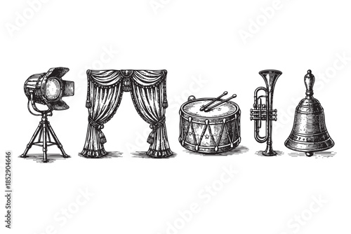 A black and white vintage illustration depicts stage performance elements including a spotlight, draped curtains, a drum, a trumpet, and a bell, perfect for theatrical or musical themes.