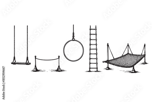 A collection of hand-drawn black and white line art illustrations depicting various circus and playground equipment like a swing, hoop, ladder, and net.