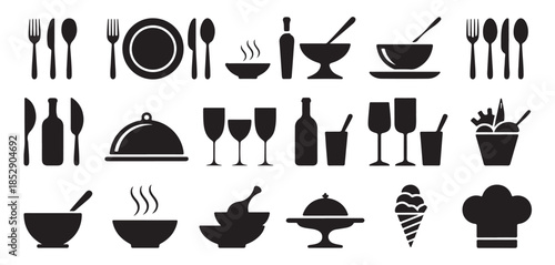 Set of kitchen utensils vector illustration silhouette, plates, glasses, cutlery, cooking items