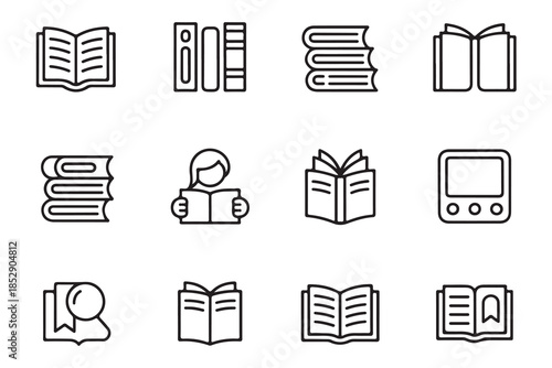 Book icons set. library reading ebook knowledge education study and learn outline vector illustration collection