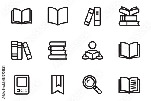 Book icons set. library reading ebook knowledge education study and learn outline vector illustration collection