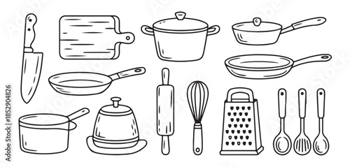 cooking utensils set hand drawn doodle kitchen tools collection black line art style vector
