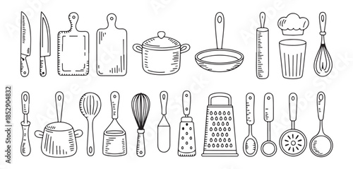 Hand drawn kitchen utensils outline set, knives, cutting boards, pans, pots, rolling pin