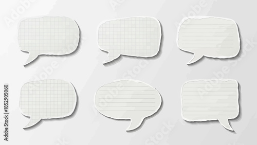 Set of Six Blank Speech Bubbles with Textured Paper and Grid Pattern