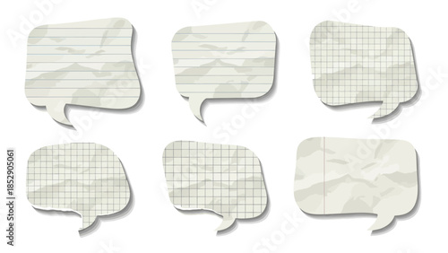 Collection of speech bubble icons designed to look like crumpled lined and grid paper