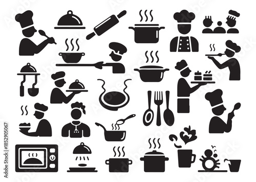 chef and kitchen utensils vector icons cooking and serving food silhouette symbols set