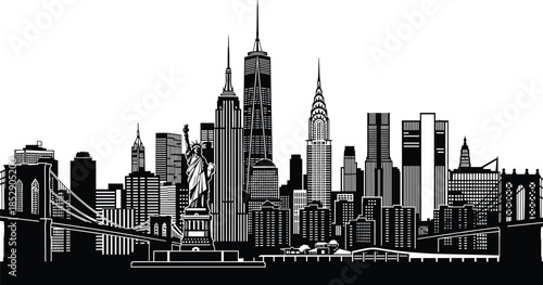 New York City skyline silhouette featuring Statue of Liberty, One World Trade Center, Empire State Building, Chrysler Building, and Brooklyn Bridge.