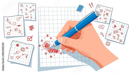 Hand drawing ideas and strategies on a notepad, creative brainstorming and problem solving concept