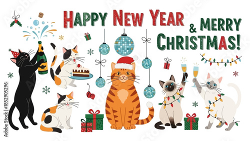 Happy New Year & Merry Christmas Greeting with Festive Cats and Decorations