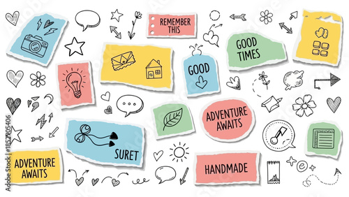 Collection of handwritten doodles and inspirational phrases on ripped paper, representing creativity and good times