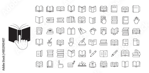 Pointing hand on an open book illustration with a large assortment of line art book related icons