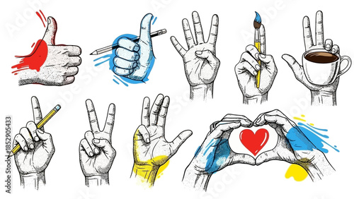 Collection of hand gestures and symbols drawn in a sketch style with colorful paint splatters.