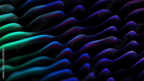 Slow flowing digital sound waves made of glowing particles on dark background. Abstract futuristic concept of artificial intelligence (AI), big data, data flow or digital equalizer. 4K, smooth motion