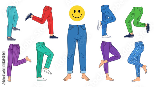 Cartoon illustration of various colored pants and a smiley face.