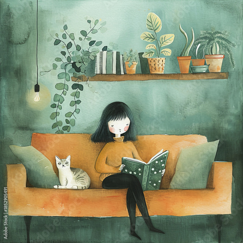 Watercolor illustration of a cute girl reading a book on a cozy sofa with a sleeping cat. Warm, calm home atmosphere, soft colors, children’s story style, isolated on dark background