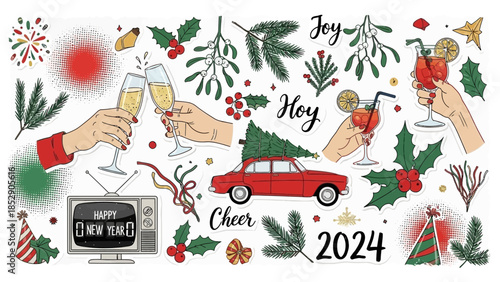 Festive New Year 2024 illustration with drinks, decorations, and a vintage car carrying a Christmas tree.