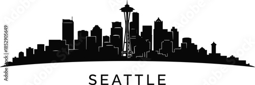 Seattle Washington Skyline Silhouette, Black and White City Vector Illustration, Iconic Space Needle Landmark, Pacific Northwest Urban Downtown Horizon Art.