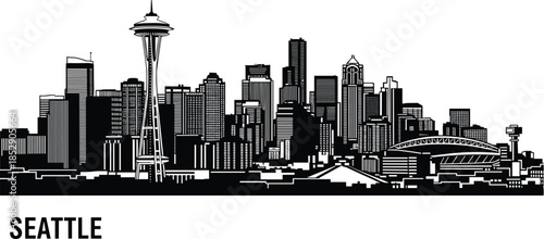 Seattle skyline skyline illustration, black and white vector city silhouette featuring Space Needle, urban cityscape, Washington state landmark, architectural graphics.