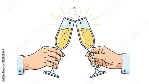 Two hands toasting champagne flutes, celebrating a special occasion with bubbles and joy.