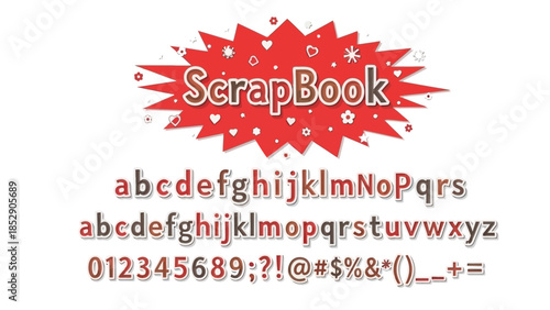 Scrapbook font with lowercase and uppercase letters, numbers, and symbols displayed against a red burst background.
