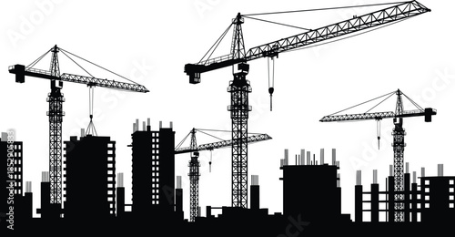 Silhouette of construction site with tower cranes and building frames under development for urban expansion, industrial growth, and engineering projects.