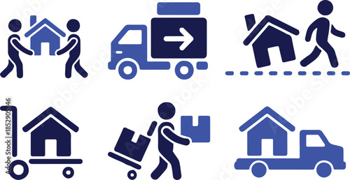 moving simple line icons for house move truck dolly and packing