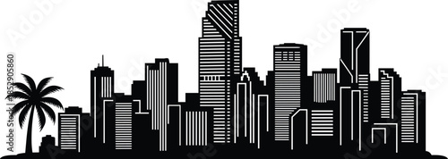 Urban skyline silhouette, black and white cityscape, tropical palm tree, architectural buildings, travel background, modern city, coastal vibe, illustration