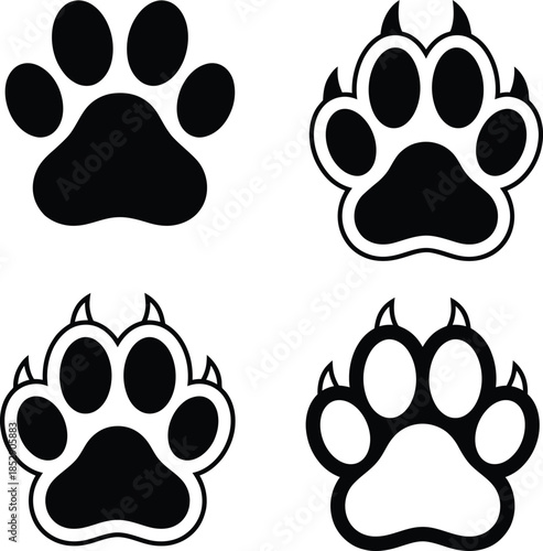 A collection of four diverse animal paw print designs with and without claws