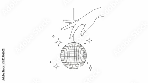 A delicate hand reaching out to touch a sparkling disco ball surrounded by stars.