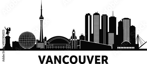Vancouver skyline silhouette, black and white cityscape, iconic buildings, geodesic dome, stadium, tower, urban landmark, minimalist vector illustration