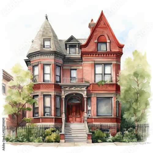 Watercolor illustration of a historic red brick townhouse with turrets, bay windows and ornate details, surrounded by trees and greenery, classic urban architecture, elegant and timeless
